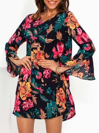 Floral A-Line V Neck Frill Sleeve Dress
