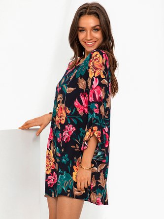 Floral A-Line V Neck Frill Sleeve Dress