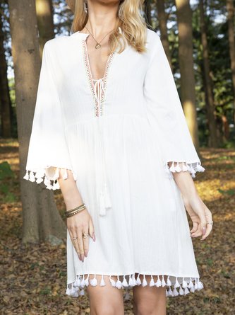 White Long Sleeve Plain Paneled Dress