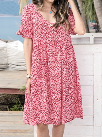 Women Floral Printed Short Sleeve Vintage Dress