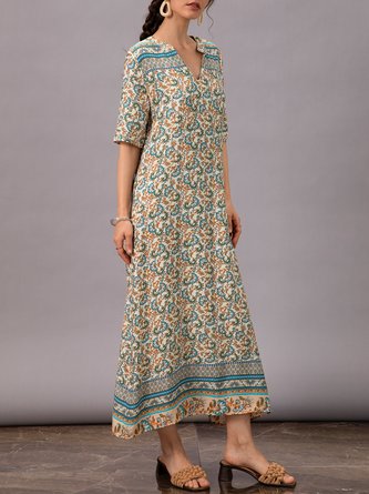 Blue Floral Boho Shift V Neck Dress