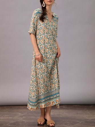 Blue Floral Boho Shift V Neck Dress