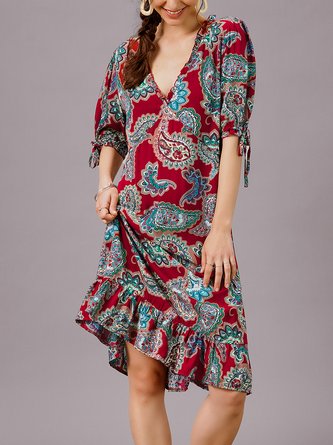 Red Half Sleeve V Neck Dress