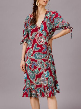 Red Half Sleeve V Neck Dress