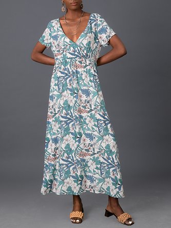 White V Neck Short Sleeve Chiffon Dress