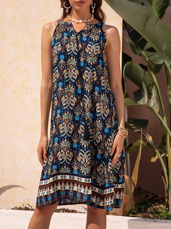 Cotton Tribal Crew Neck Cold Shoulder Dress