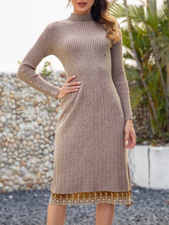 A-Line Crew Neck Long Sleeve Knitted Dress