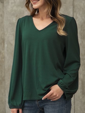 Green Long Sleeve Casual Cotton-Blend Paneled Top