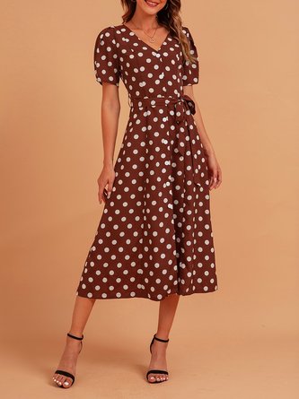 Brown Sweet V Neck Polka Dots Dress
