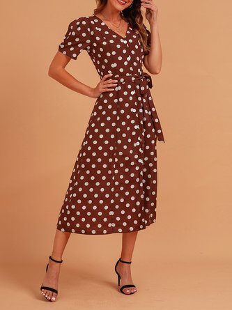 Brown Sweet V Neck Polka Dots Dress