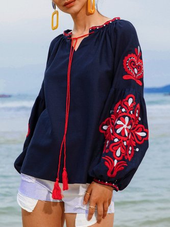 Long Sleeve Polyester Cotton Floral Blouse