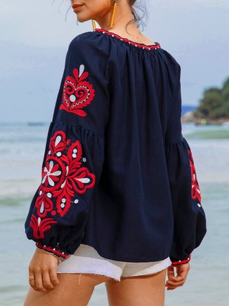 Long Sleeve Polyester Cotton Floral Blouse