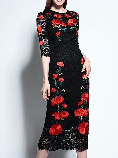Lace Floral-Embroidered Midi ...
