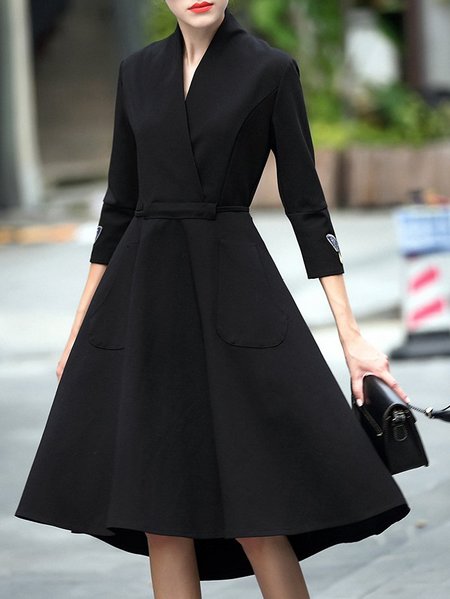 Black Embroidered 3/4 Sleeve Midi Dress - StyleWe.com