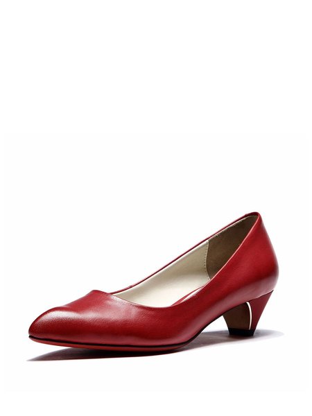 Red Chunky Heel Pointed Toe Leather Heels- StyleWe.com