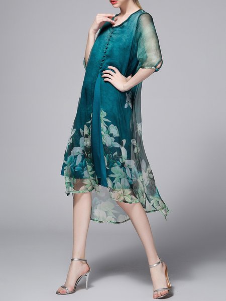 Green Floral-print Casual Silk Midi Dress - StyleWe.com