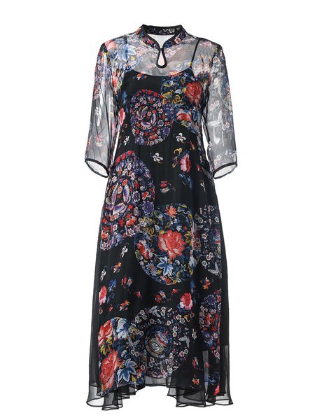 Black A-line 3/4 Sleeve Floral-print Floral Midi Dress - StyleWe.com