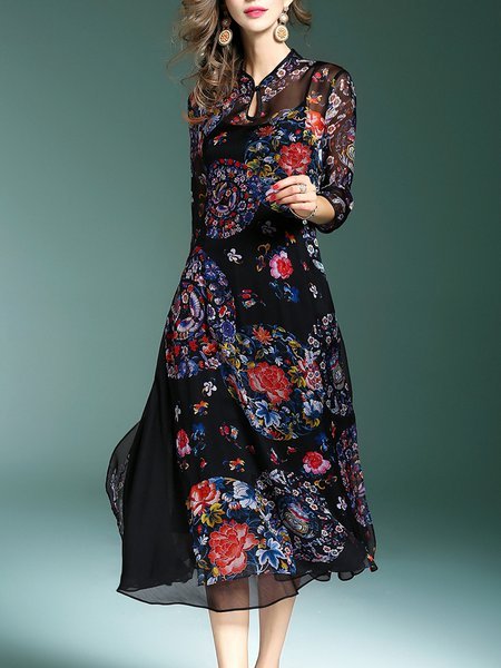 Black A-line 3/4 Sleeve Floral-print Floral Midi Dress - StyleWe.com