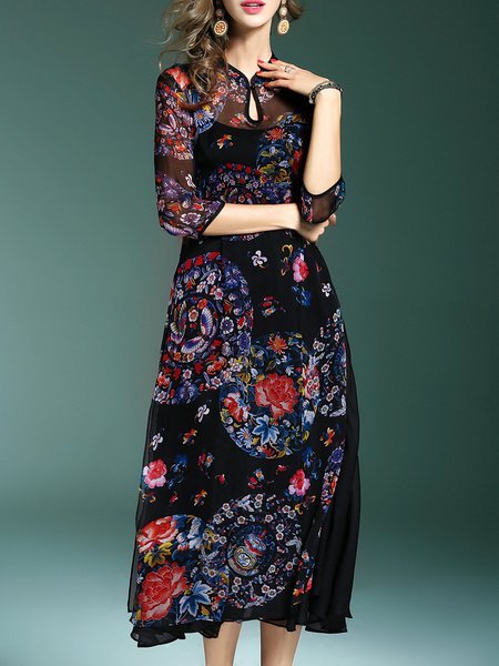 Black A-line 3/4 Sleeve Floral-print Floral Midi Dress - StyleWe.com