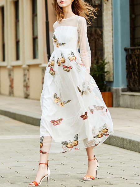 Animal Embroidered Casual Long Sleeve Crew Neck Maxi Dress