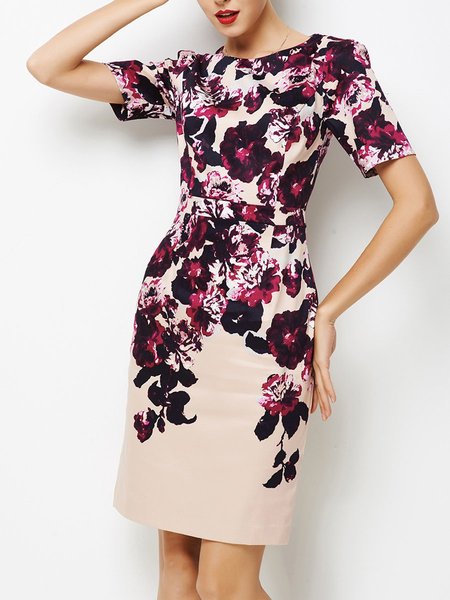 Pink Short Sleeve Floral-print Crew Neck Sheath Midi Dress - StyleWe.com
