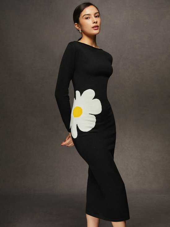Elegant Floral Long Sleeve Slim Fit Midi Dress