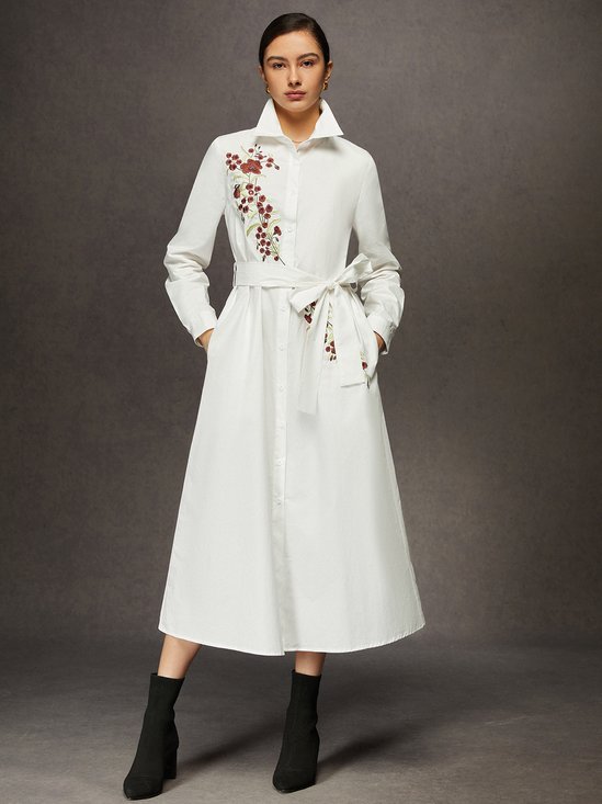 Elegant Cotton Embroidered Shirt Dress with Pocket