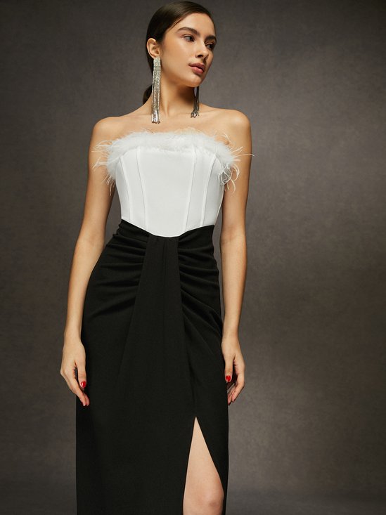 Elegant Strapless Color Block Maxi Dress with Feather Trim