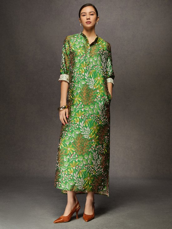  Elegant Satin Jacquard Slit Midi Dress with Pocket 