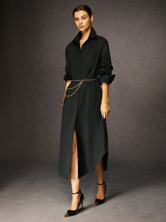 Urban Plain Shirt Collar Black Maxi Dress