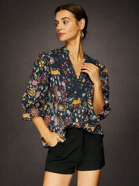 V-Neck Printed Floral Loose Blouse