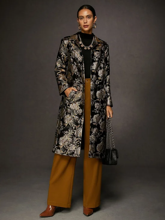 Shawl Collar Urban Floral Jacquard Loose Coat