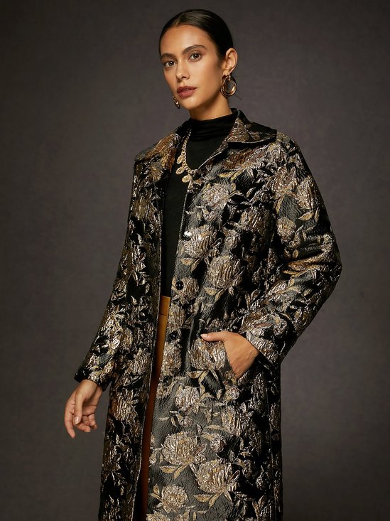 Shawl Collar Urban Floral Jacquard Loose Coat