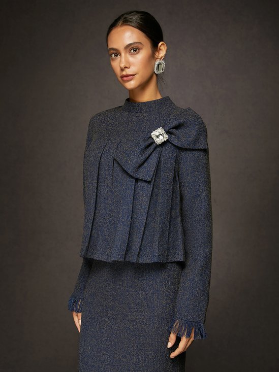 Elegant Bow Pleated Tweed Stand Collar Blouse