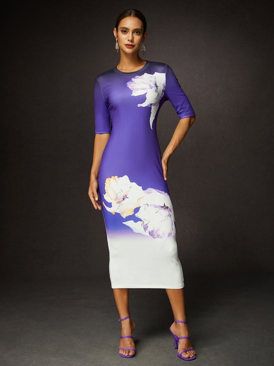 Urban Floral Printing Crew Neck Midi Dress