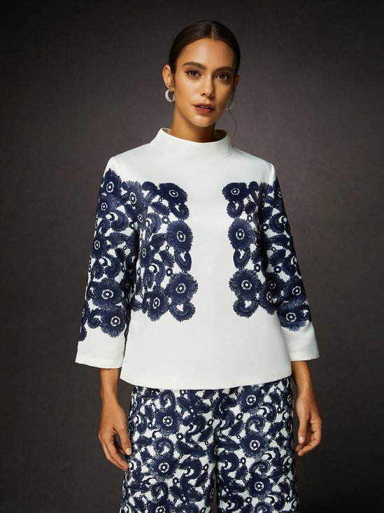 Elegant Boat Neck Three Quarter Sleeve Print Blouse