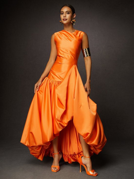 Elegant Plain Irregular Craftsmanship Asymmetrical Maxi Dress