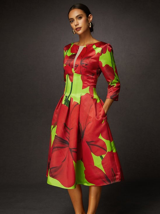 Elegant Floral Notched High Waist Satin Midi Dress