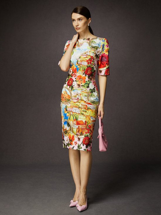 Elegant Floral Boat Neck Knee Length Dress