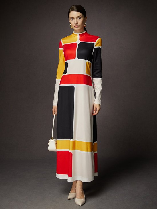 Elegant Colorblock Stand Collar Maxi Dress