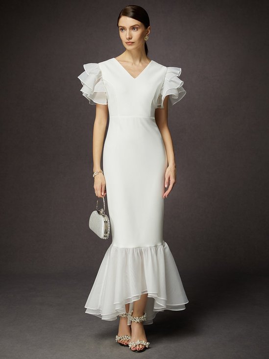 Elegant Plain Ruffle Sleeve V Neck Formal Dress