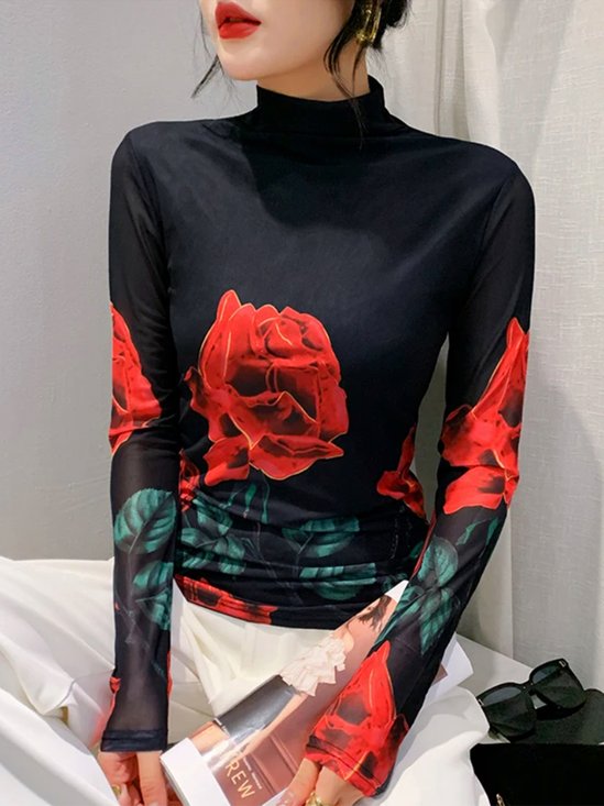 Half Turtleneck Urban Floral Tight Long Sleeve T-Shirt