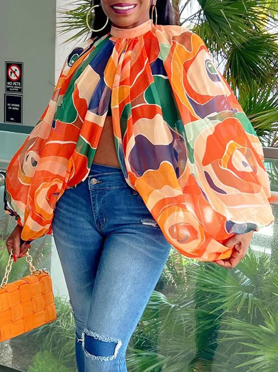 Floral Loose Vacation Stand Collar Shirt
