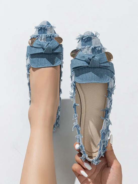 Fashionable Denim Plaid Fringe Bowknot Flat  Shallow Shoes