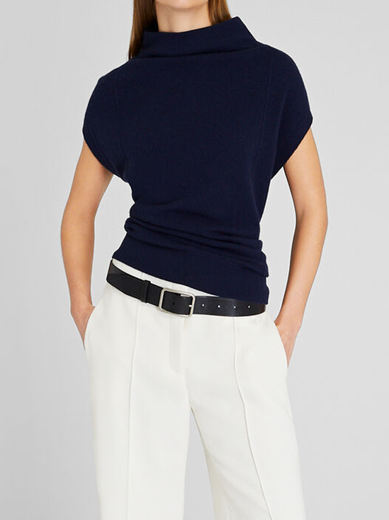 High Elasticity Simple Plain Stand Collar Short Sleeve Loose Shirt