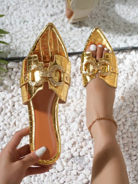 Golden Metal Decor Crocodile Embossed Slide Sandals