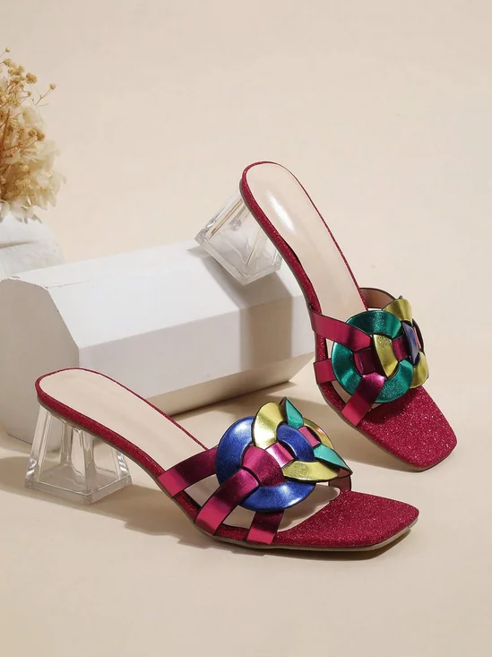 Glamorous Color-block Braided Crystal Chunky Heeled Mule Sandals