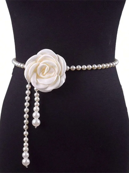 Elegant Camellia Flower Waist Chain Faux Pearls Necklace
