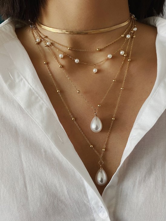 2pcs/set Elegant Imitation Pearl Multilayer Pendant Necklace
