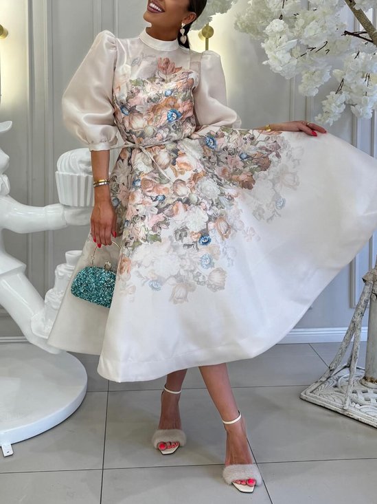 Floral Elegant Regular Fit Midi Dress With Belt